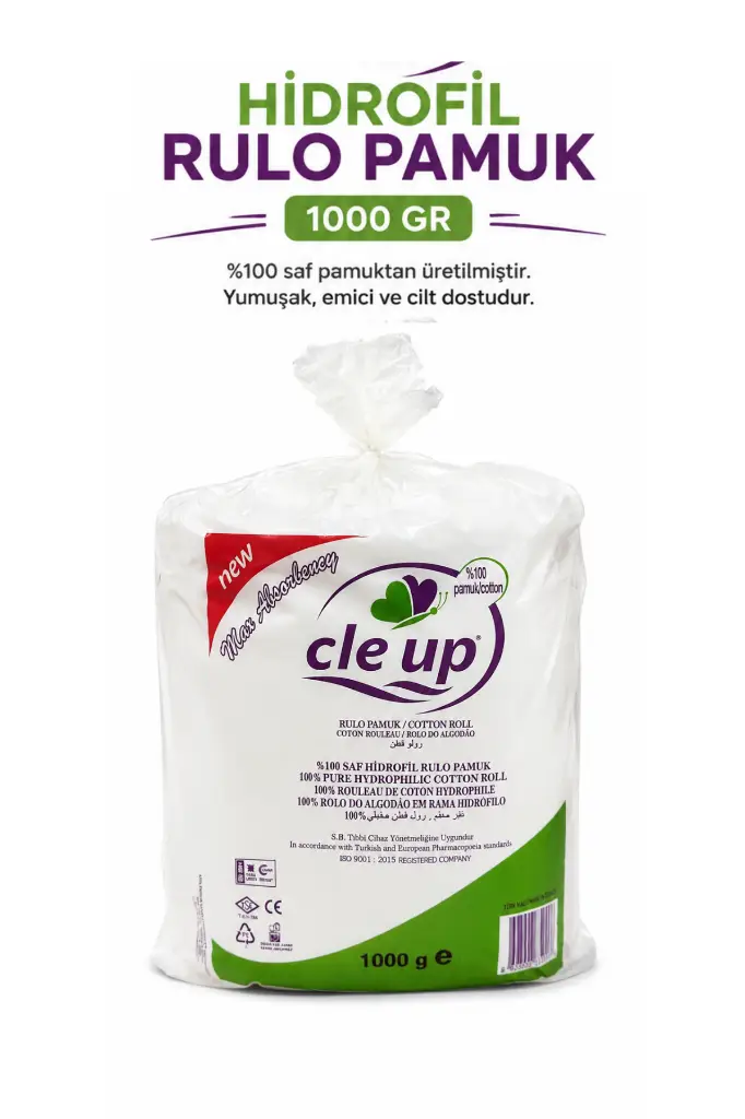 CleUp Büyük Boy %100 Hidrofil Rulo Pamuk 1000 Gr