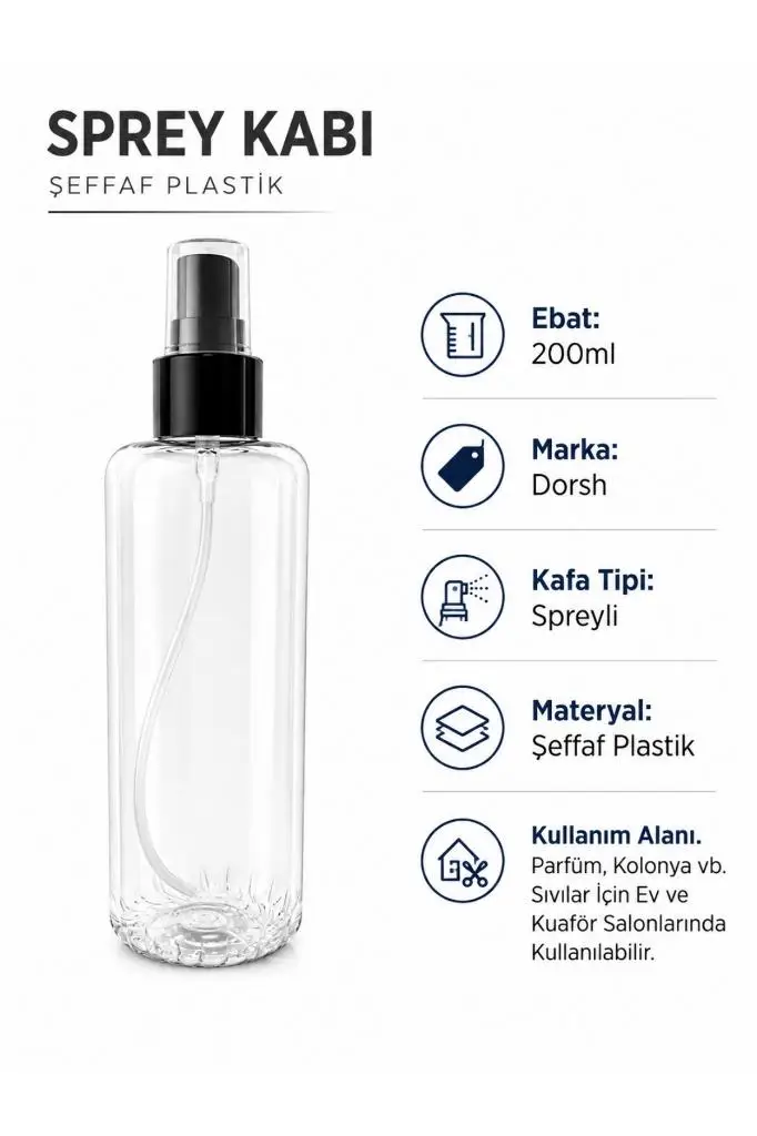 Dorsh Spreyli Şeffaf Plastik Kap Boş Şişe 200 ml