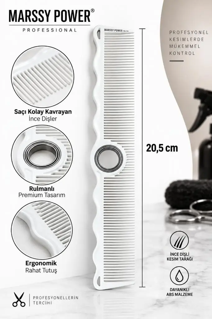 Marssy Power Rulmanlı Dönen Berber Kesim Tarağı 20,5 cm Beyaz