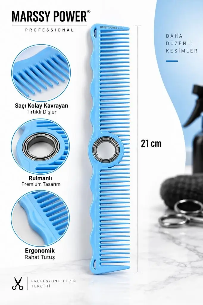 Marssy Power Rulmanlı Dönen Berber Kesim Tarağı 21 cm Açık Mavi