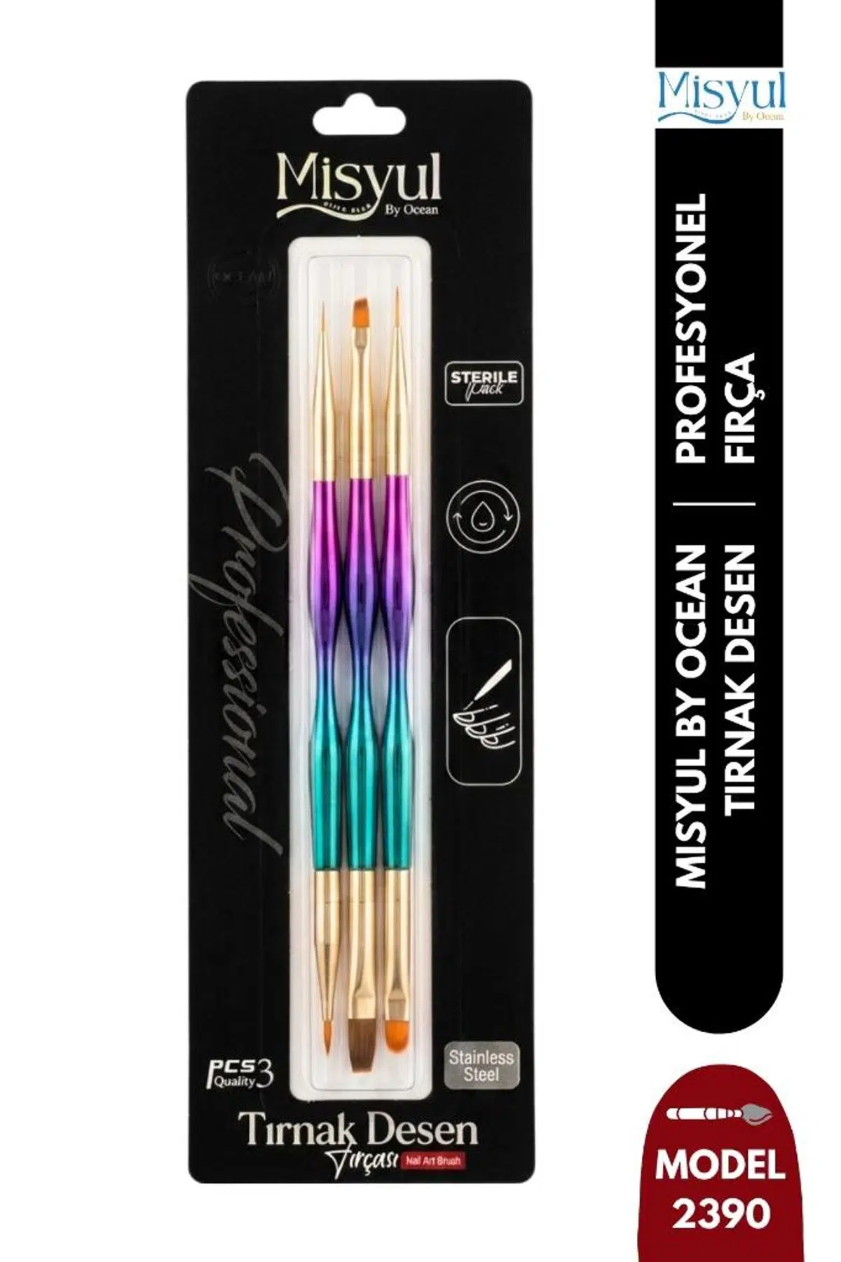 Misyul Tırnak Desen Fırçası 3'lü Çift Taraflı Gradyan Renk MIS-2390