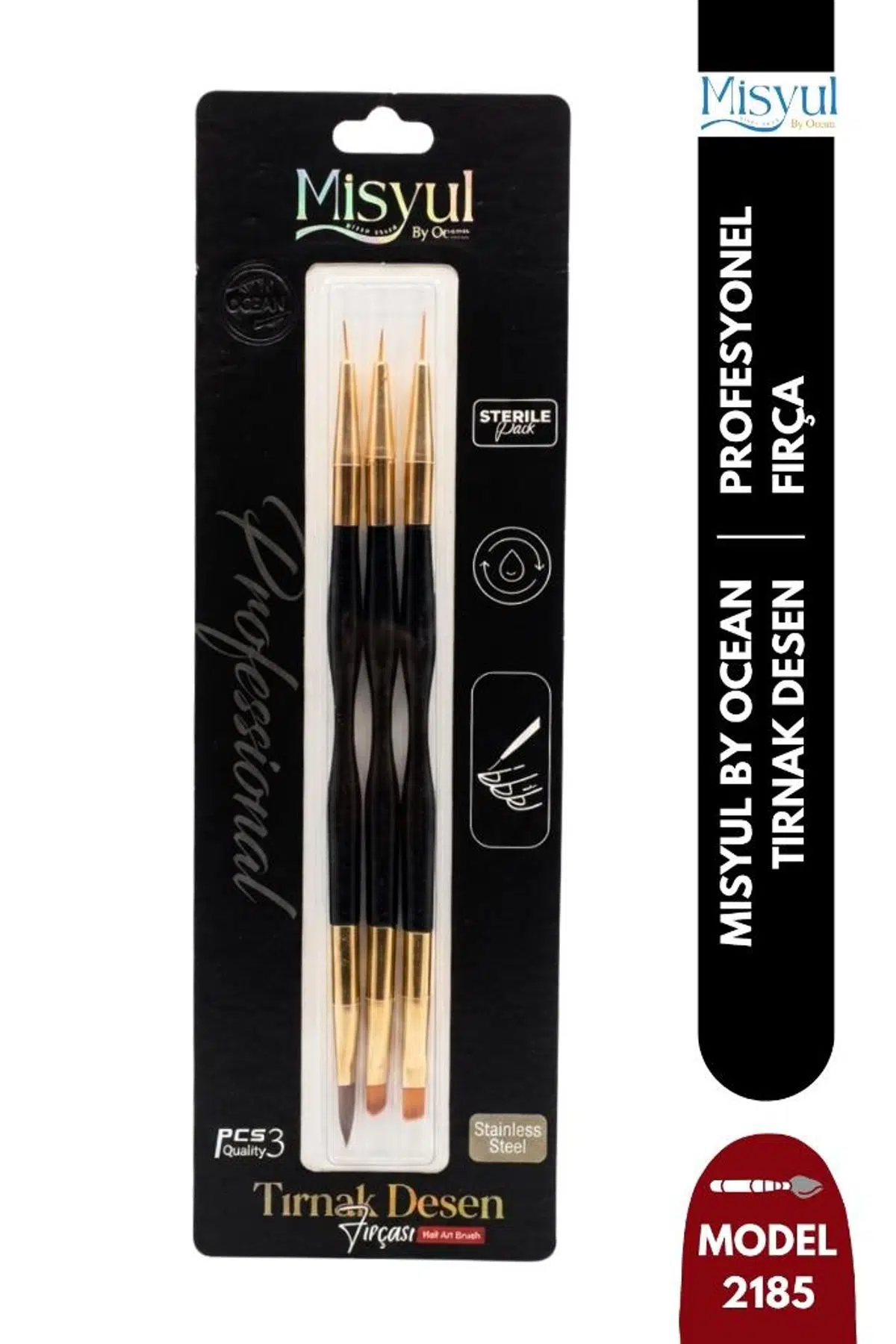 Misyul Tırnak Desen Fırçası 3'lü Çift Taraflı Siyah-Gold MIS-2185