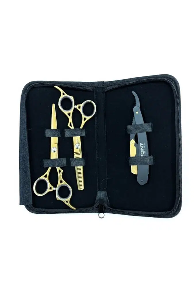 Point Profesyonel Çantalı 3'lü 6 İnç Düz Makas Ara Makas Ustura Seti Gold Altın