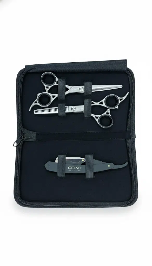 Point Profesyonel Çantalı 3'lü 6 İnç Düz Makas Ara Makas Ustura Seti Silver Gümüş