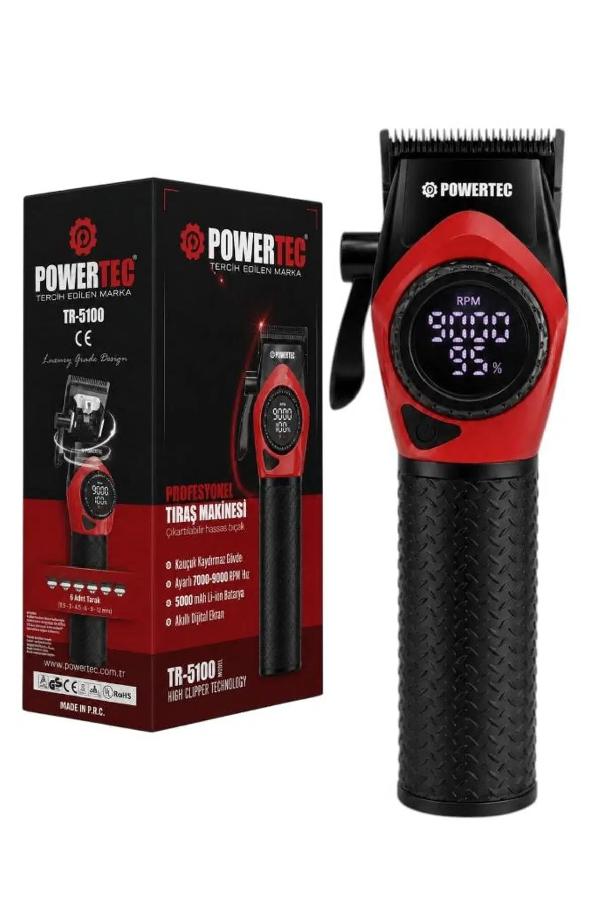 Powertec TR-5100 Göstergeli Ayarlanabilir 9000 RPM Hız Kaydırmaz Gövdeli Tıraş Makinesi Kırmızı