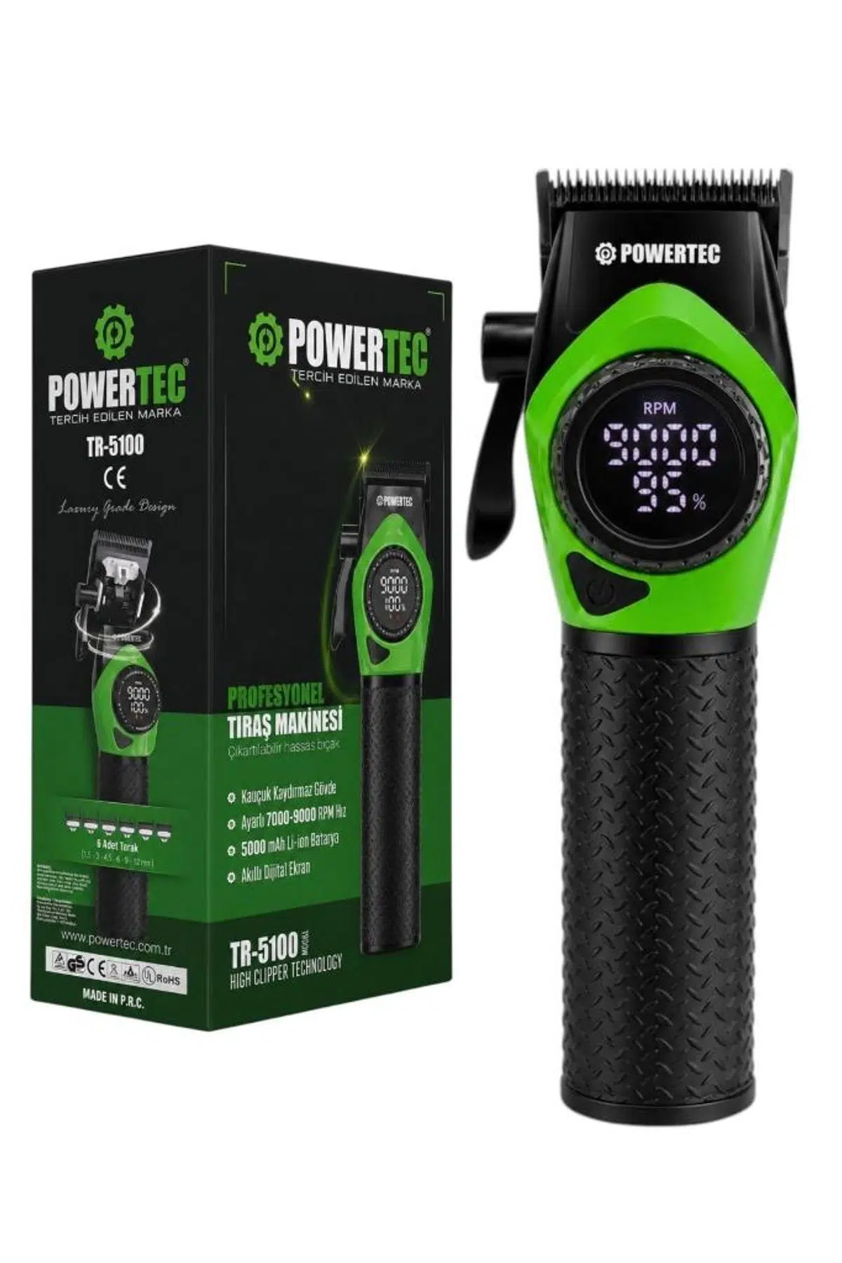 Powertec TR-5100 Göstergeli Ayarlanabilir 9000 RPM Hız Kaydırmaz Gövdeli Tıraş Makinesi Yeşil