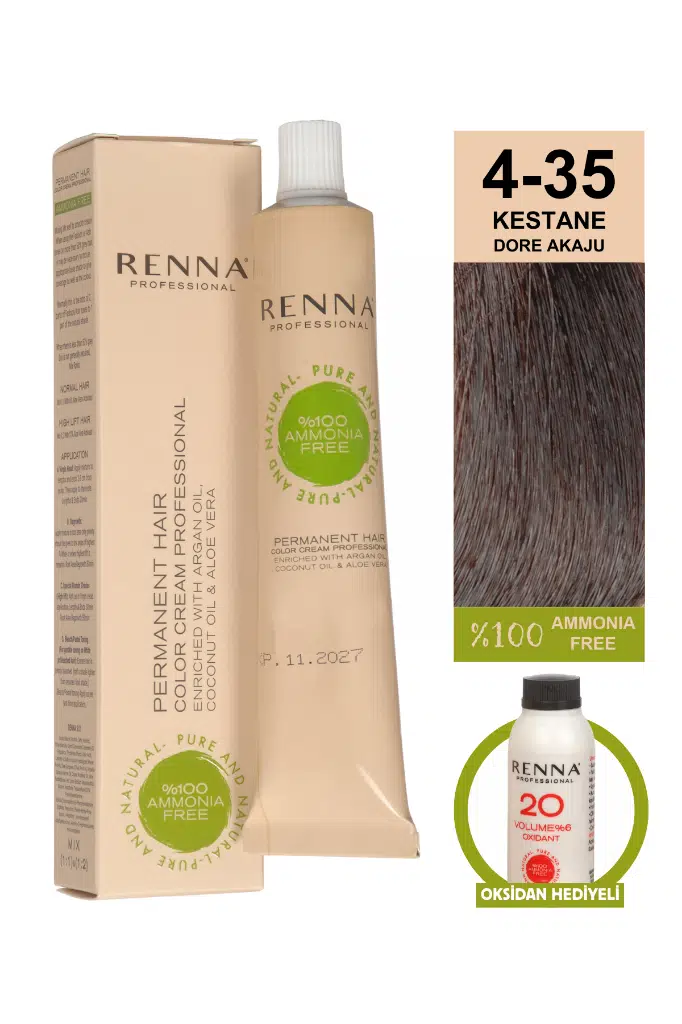 Renna Bitkisel Amonyaksız Saç Boyası 60 Ml 4-35 Kestane Dore Akaju Oksidan Hediyeli