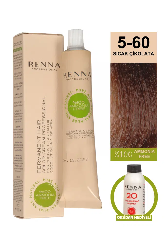 Renna Bitkisel Amonyaksız Saç Boyası 60 Ml 5-60 Sıcak Çikolata Oksidan Hediyeli