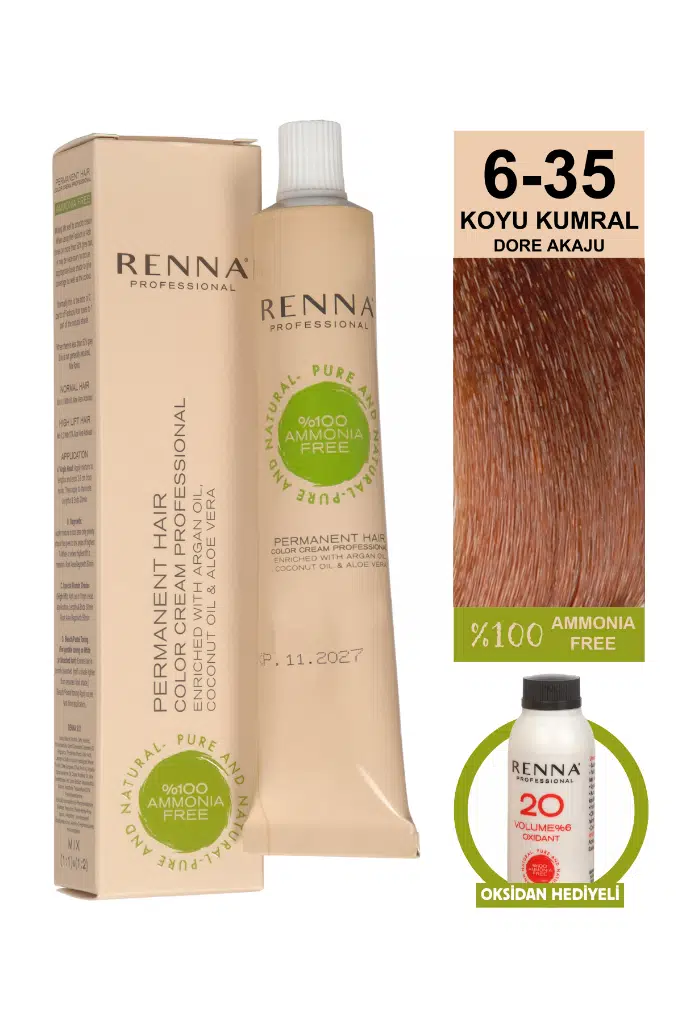 Renna Bitkisel Amonyaksız Saç Boyası 60 Ml 6-35 Koyu Kumral Dore Akaju Oksidan Hediyeli