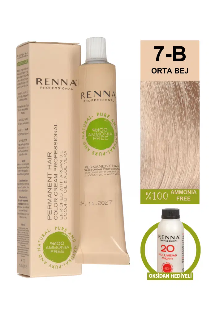 Renna Bitkisel Amonyaksız Saç Boyası 60 Ml 7-B Orta Bej Oksidan Hediyeli