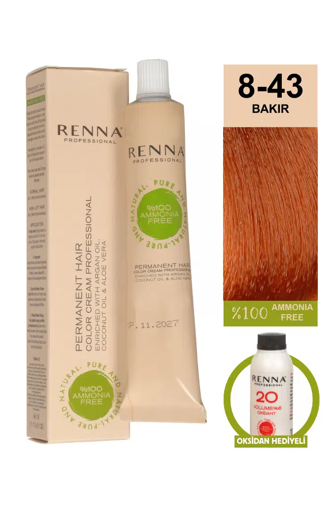 Renna Bitkisel Amonyaksız Saç Boyası 60 Ml 8-43 Bakır Oksidan Hediyeli