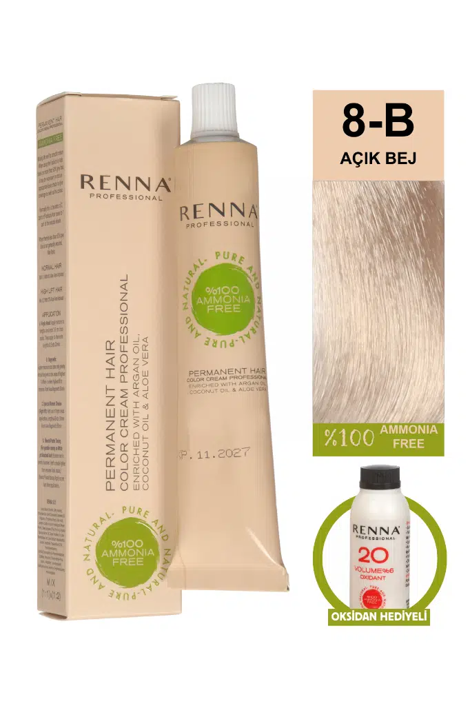 Renna Bitkisel Amonyaksız Saç Boyası 60 Ml 8-B Açık Bej Oksidan Hediyeli