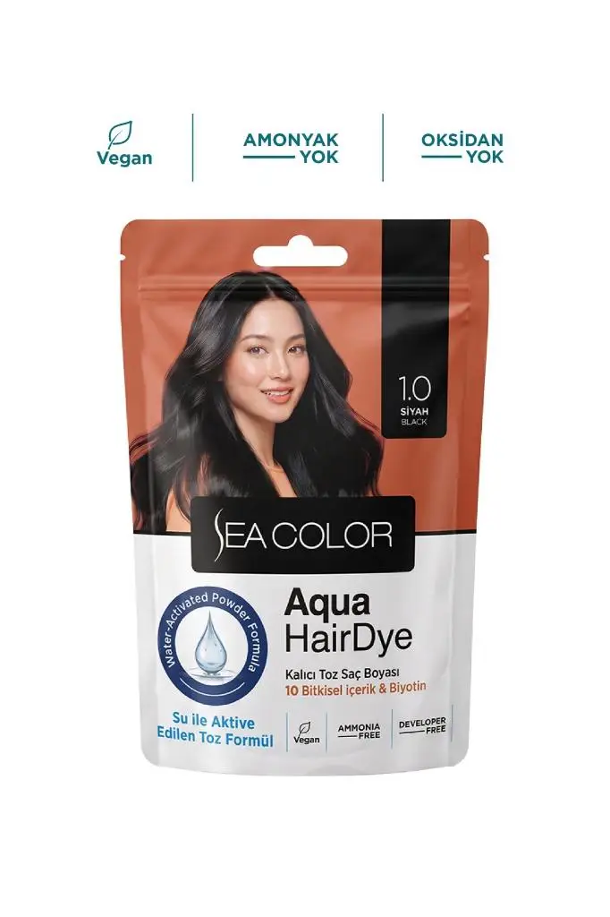 Sea Color Aqua Hair Dye Vegan & Amonyaksız Su İle Aktive Edilen Kalıcı Saç Boyası Toz 1.0 Siyah