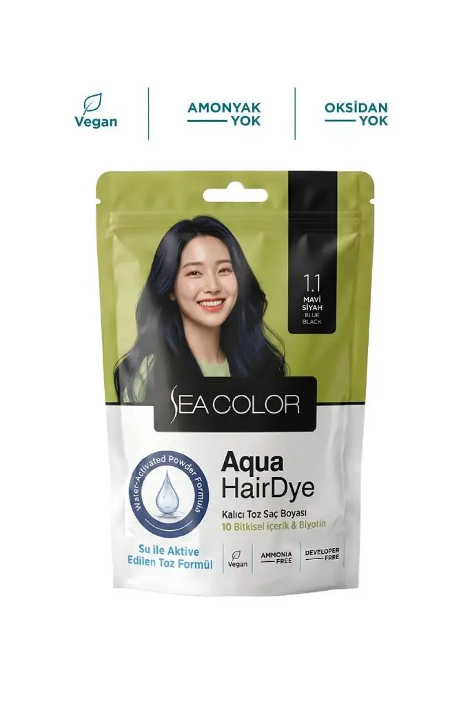 Sea Color Aqua Hair Dye Vegan & Amonyaksız Su İle Aktive Edilen Kalıcı Saç Boyası Toz 1.1 Mavi Siyah
